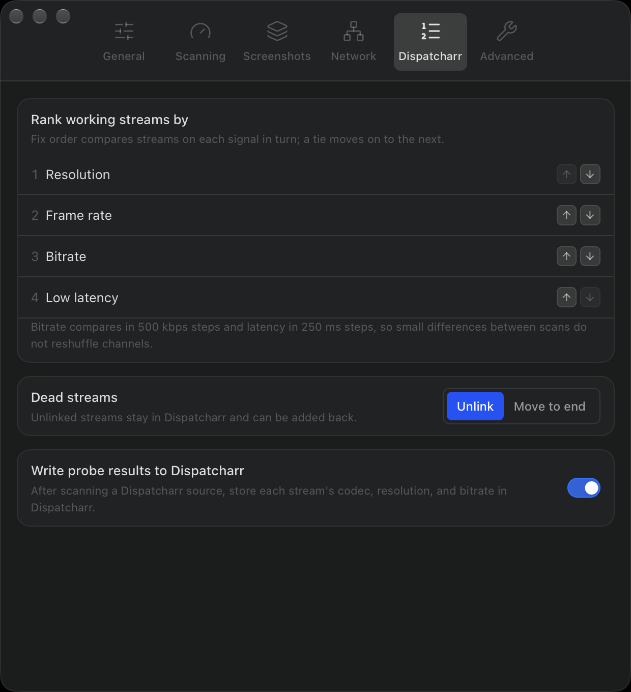 Dispatcharr settings: ranking signals, dead streams, and stats write-back