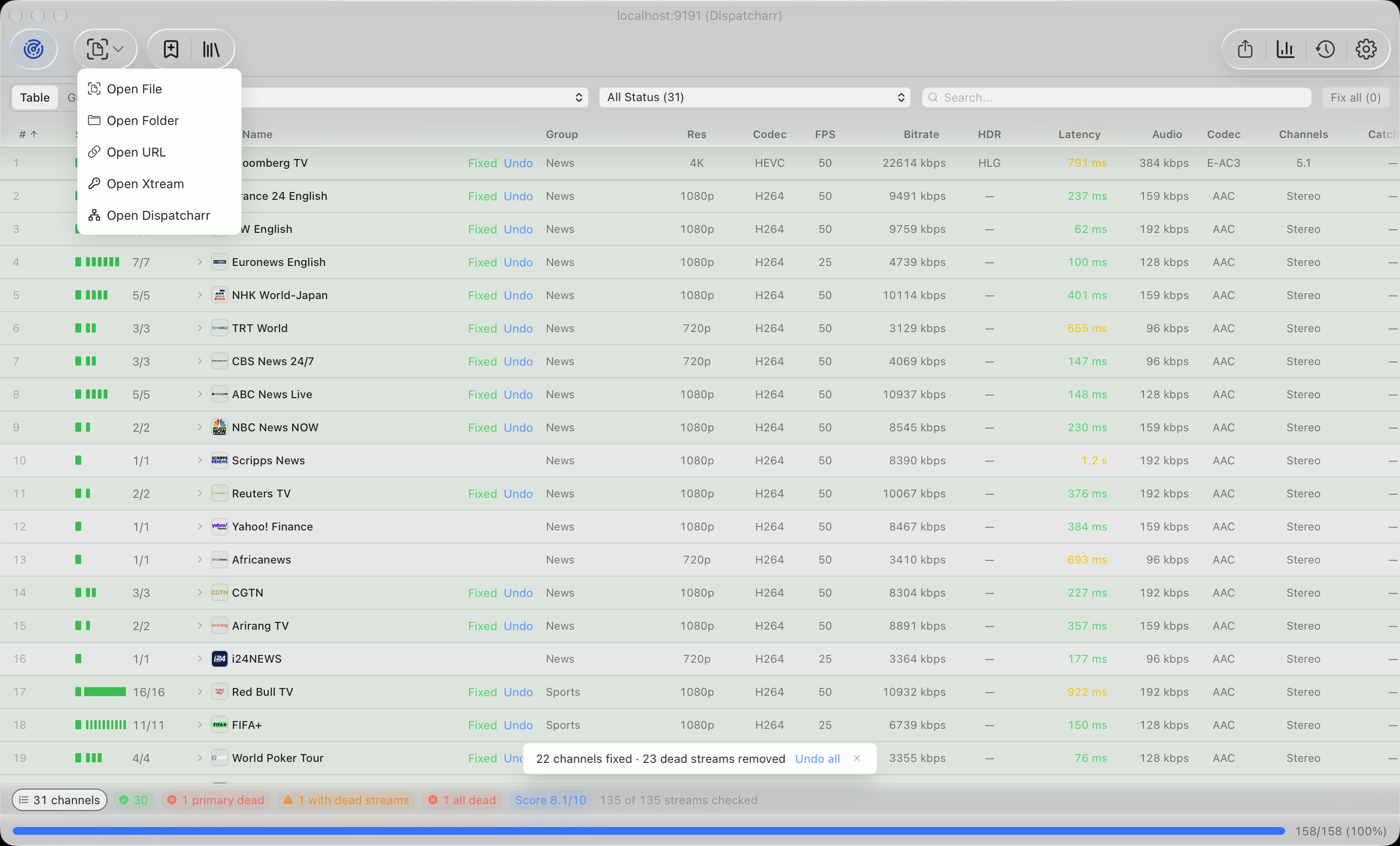 Open menu with the Dispatcharr source