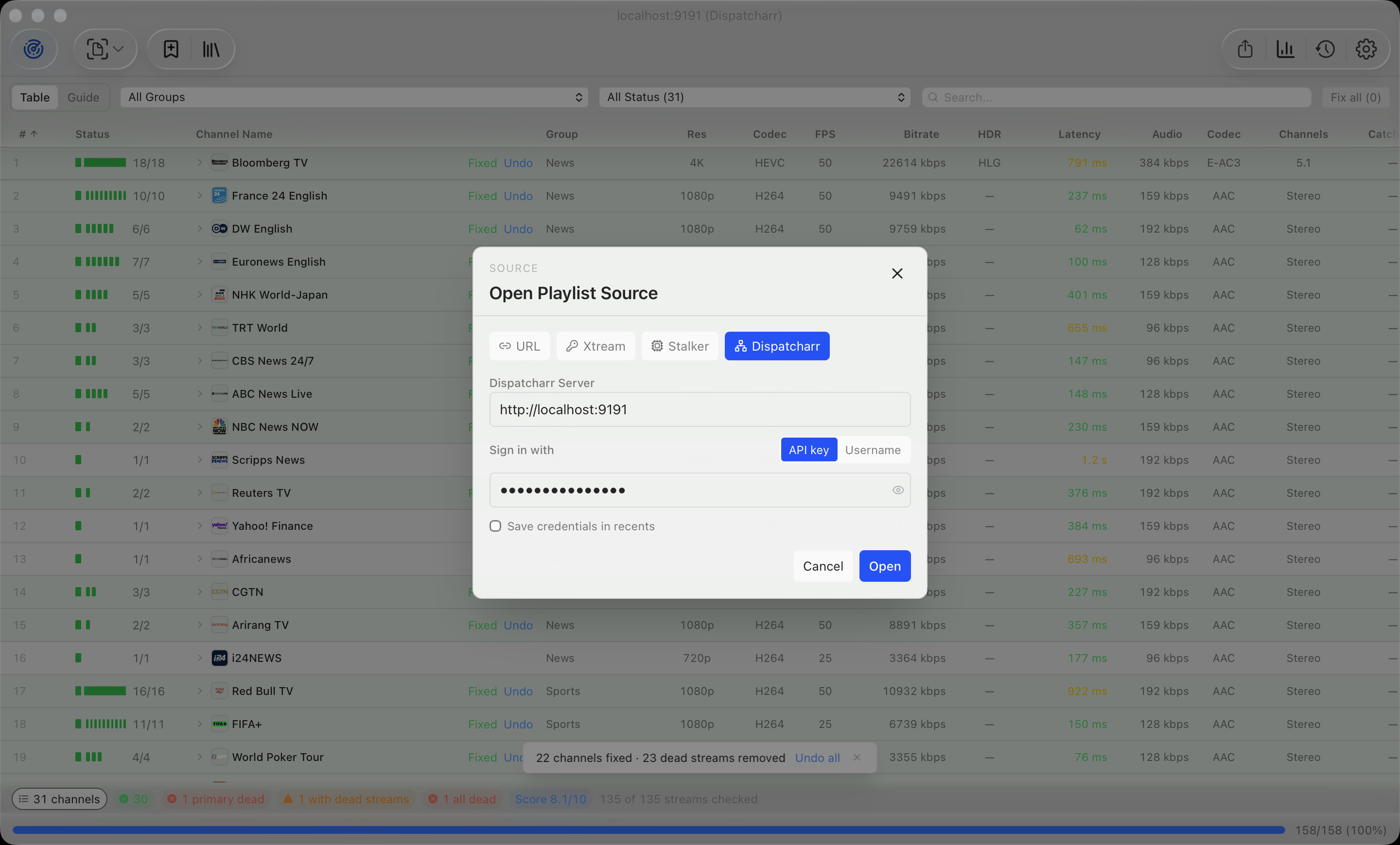 Dispatcharr sign-in in the Open dialog