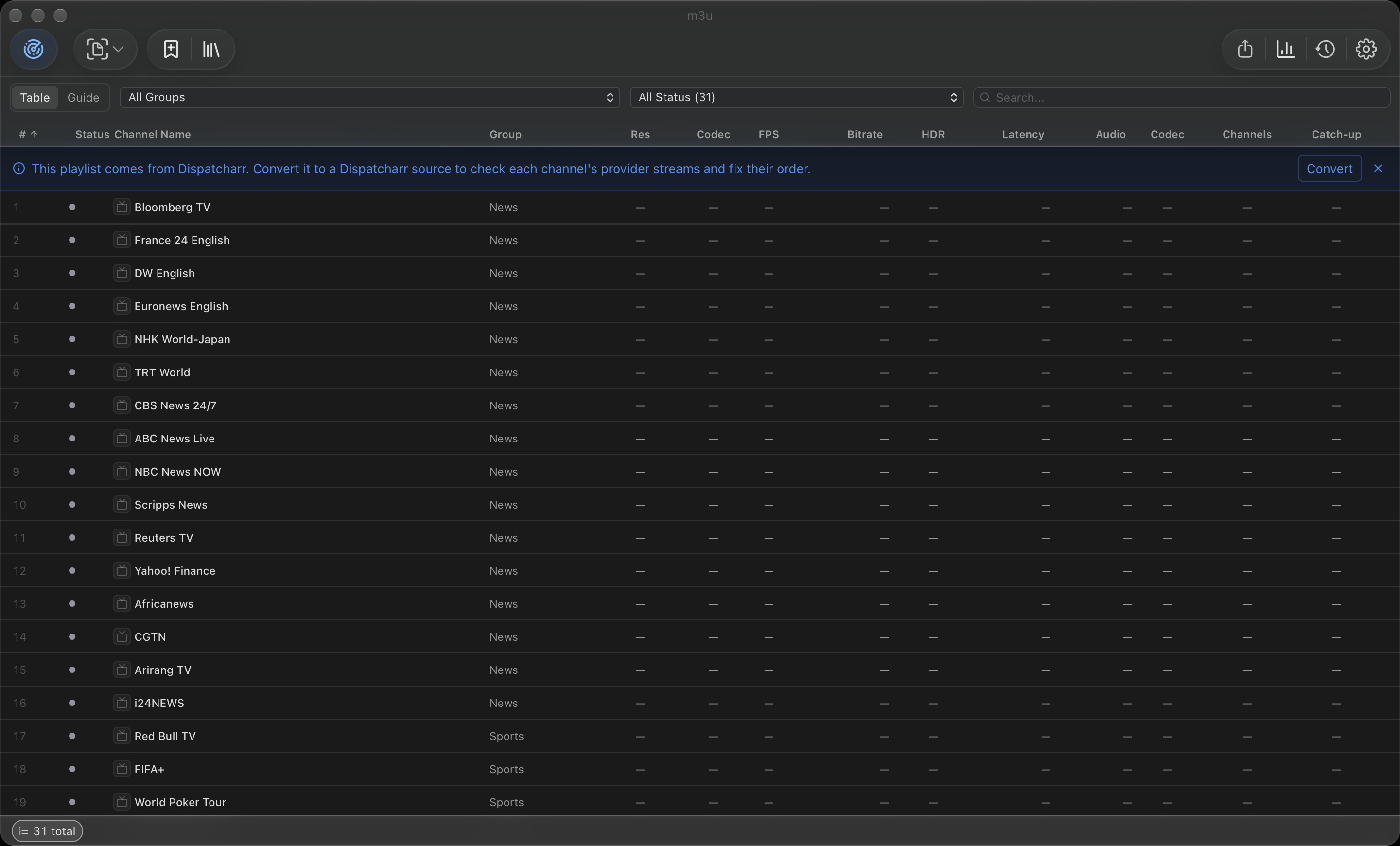 A Dispatcharr proxy playlist offering conversion to a native source